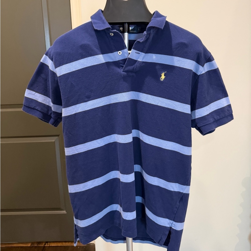 Ralph Lauren Men's Navy and Light Blue Striped Polo Size Large